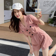 粉色工装连体短款夏季2024韩版小个子洋气连衣阔腿裤套装