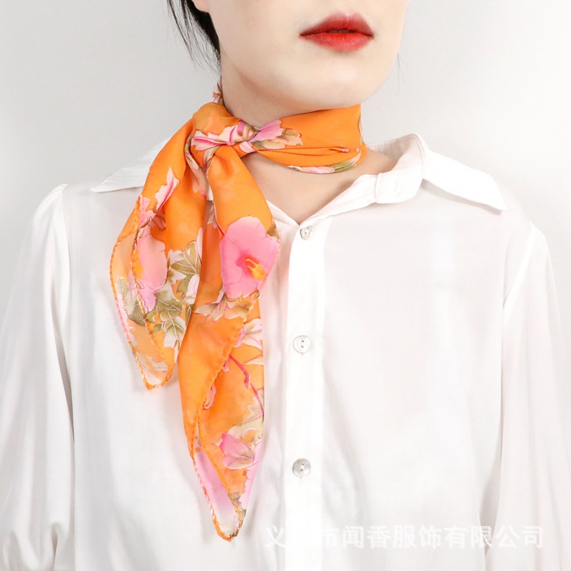 2022 New Spring and Summer Artificial Silk Chiffon Printed Small Square Scarf Women's Temperament Wild Silk Scarf Neck Protection Sunscreen Small Scarf