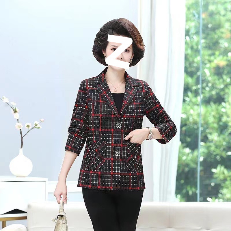 新款妈妈洋气格子小西装中年妇女装春秋装薄款上衣中老年短款外套