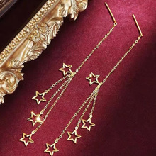 越南沙金繁星点点流苏耳线黄铜镀金长款五角星女式时尚耳线耳饰品