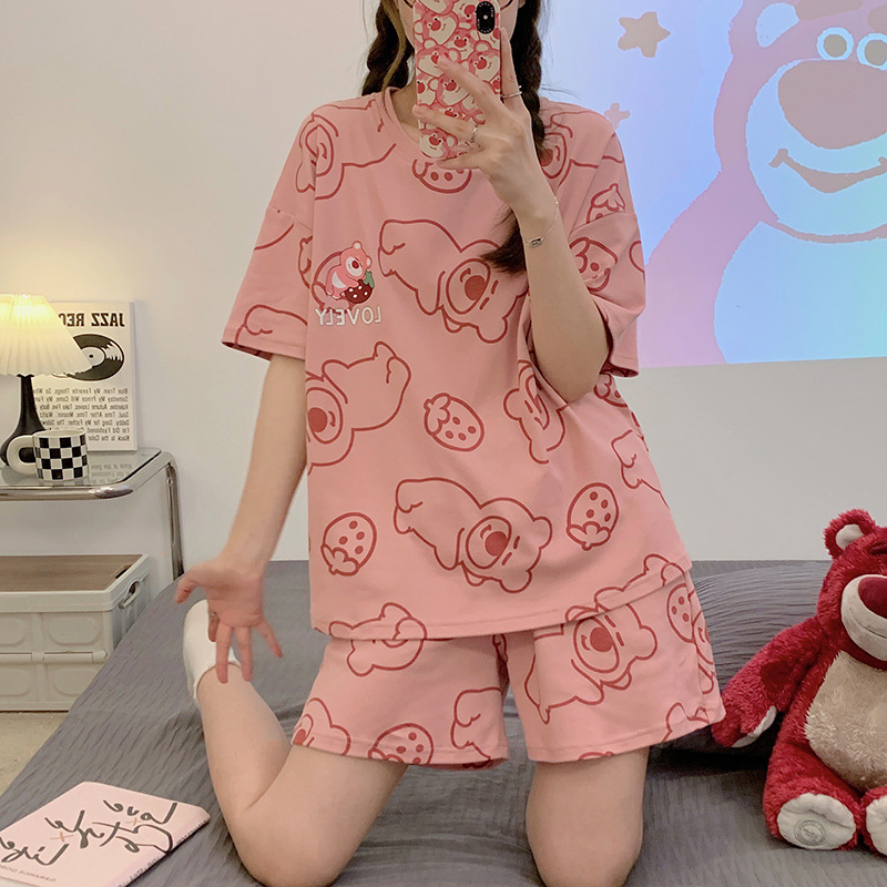 New Pajamas Women's Summer Short Sleeve Shorts Cotton Suit Korean Students Sweet Cute Cartoon Ladies' Homewear