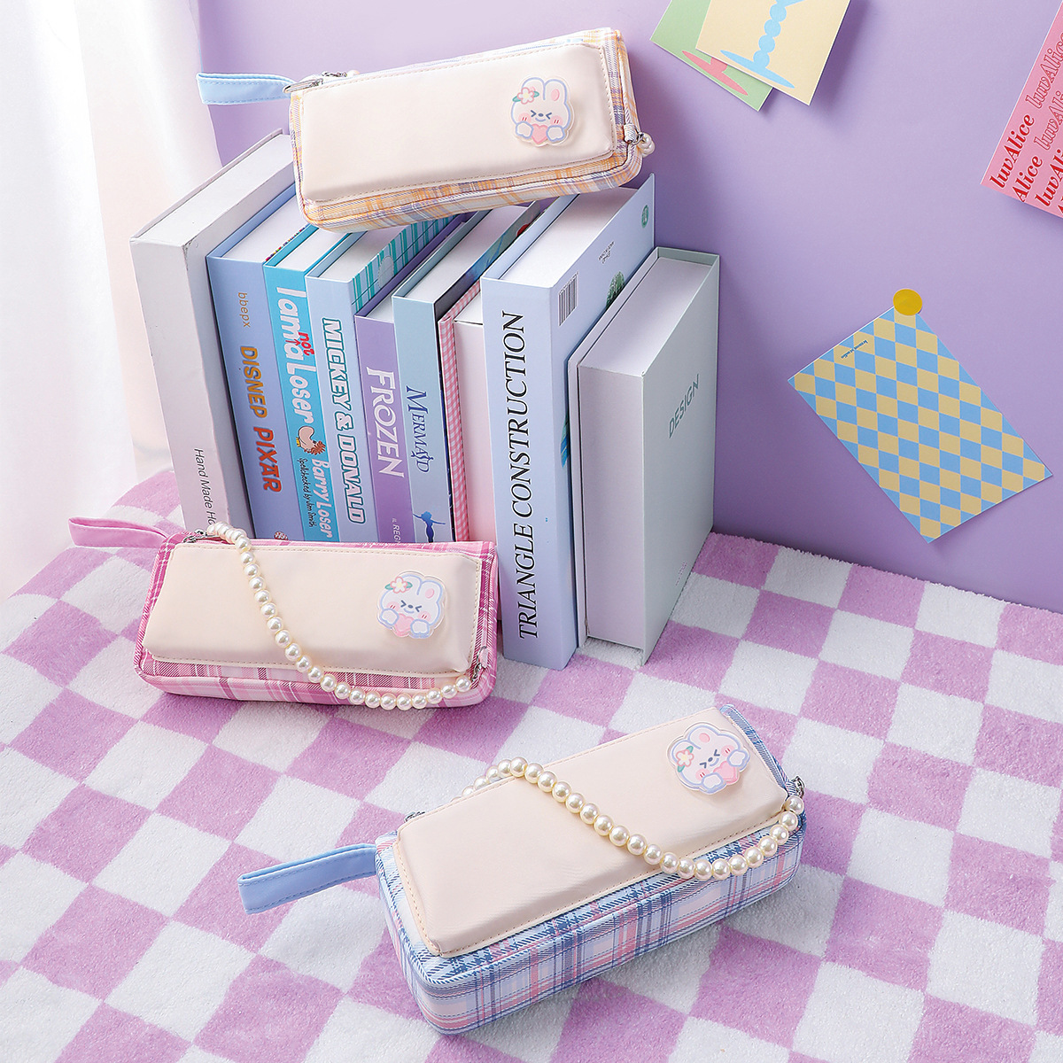 联众学院笔袋女高颜值韩国简约可爱格子文具袋学生儿童铅笔袋批发