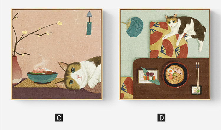美食暖居 日式风格客厅装饰画可爱猫咪餐厅背景墙挂画正方形壁画