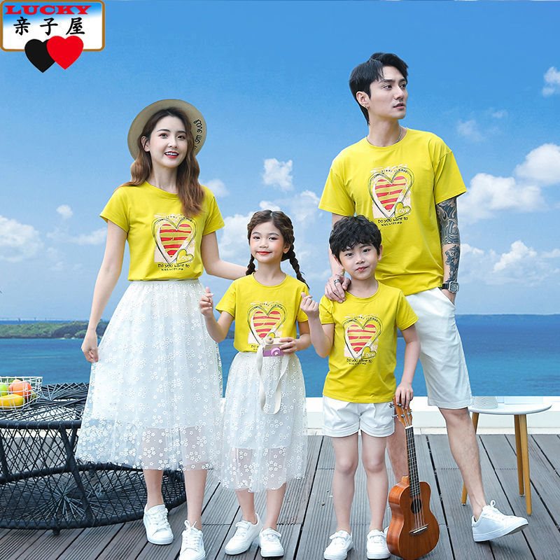 亲子装新款夏装母女网纱裙子两件套一家三口四口套装父子装儿童装