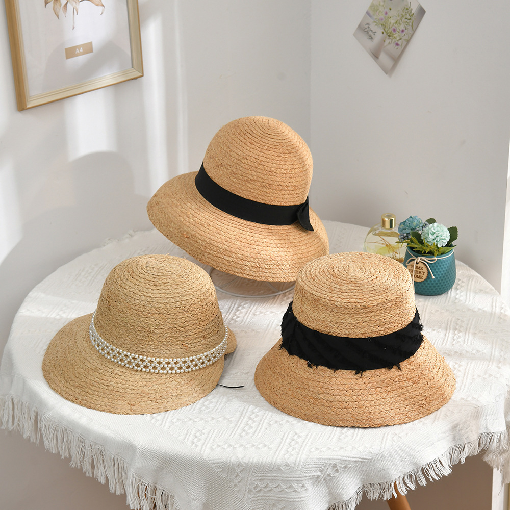 Korean Style Lantern Hat Raffia Hat Bow Patch Hat Big Brim Sun Hat Sun-Proof Straw Hat Factory Wholesale