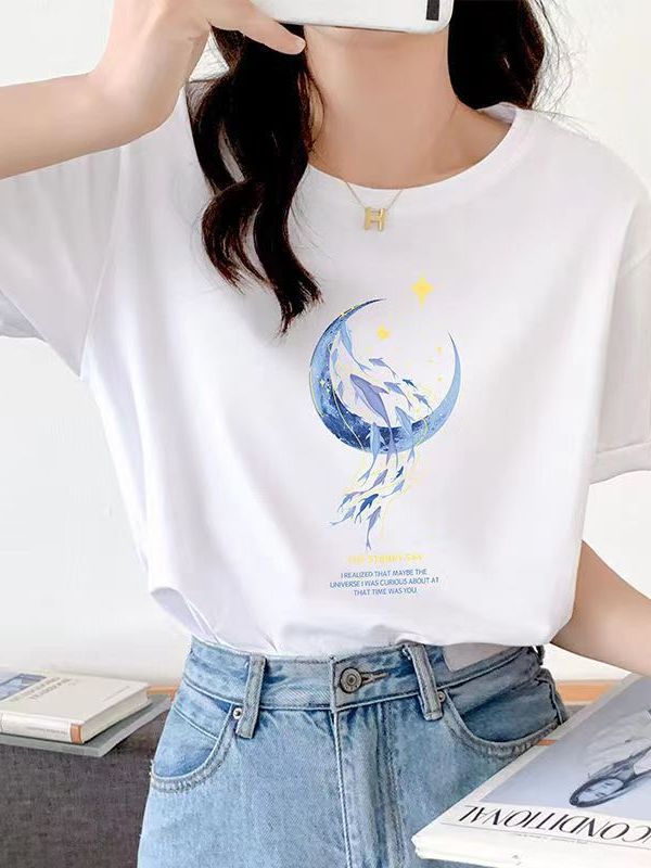 Loose-Fitting Pure Cotton Short Sleeves T-shirt Women's Summer Wear New Beautiful Top Design Printed Sweater Women's round Neck Spring and Autumn