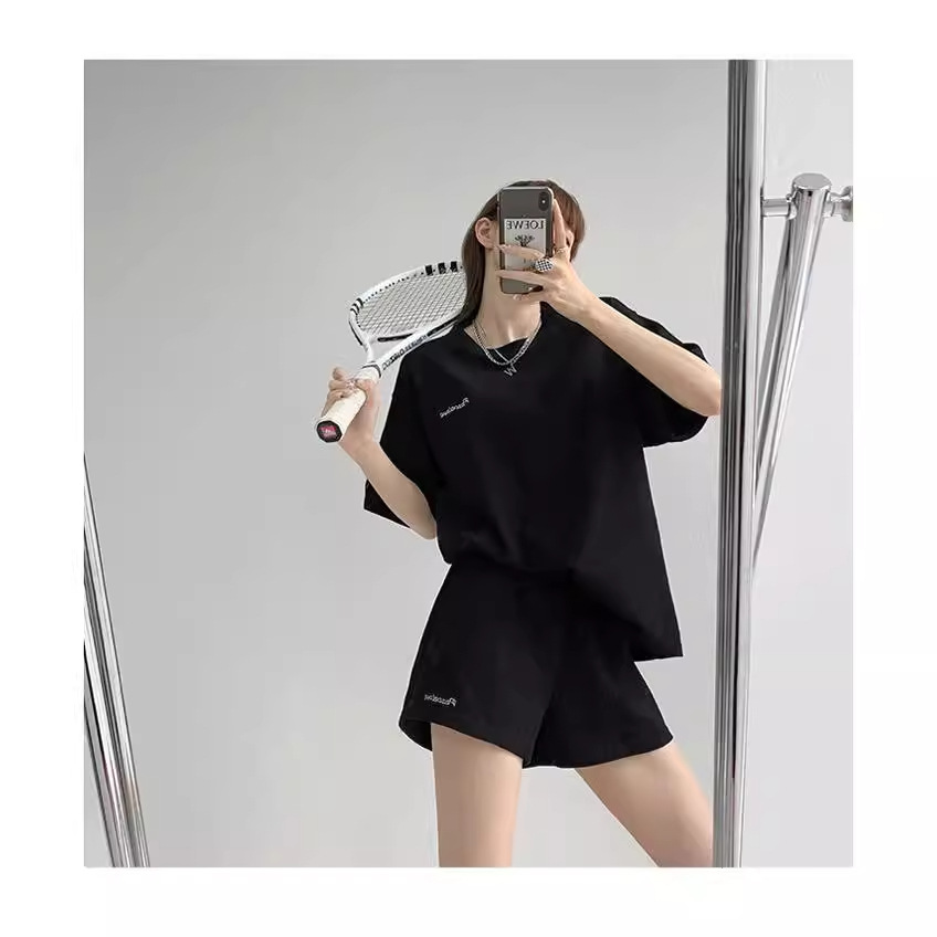 Waffle Loose Sports Style Short-Sleeved Shorts Two-Piece Women's Summer Thin round Neck T-shirt Casual Hot Pants Suit