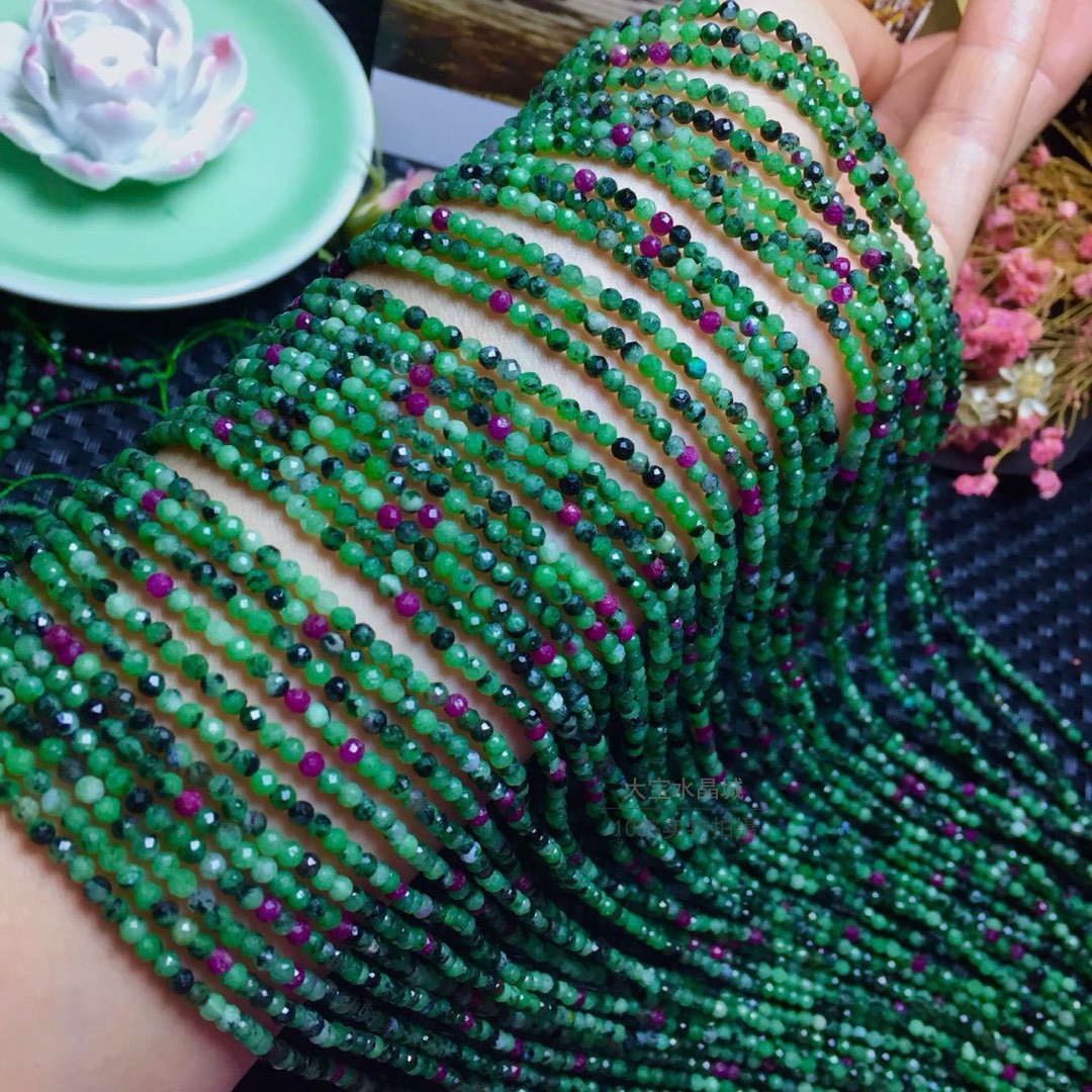 天然水晶 红绿宝切面刻面散珠 切角硬抛足球面半成品长链 手链珠