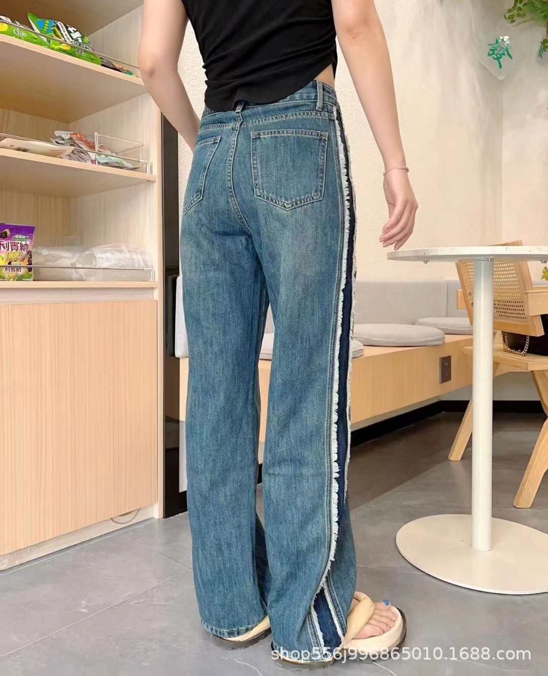 Shenzhen Nanyou Women's Clothing Denim J Love L Drawstring Letter Contrast Color Side Trousers High Slimming and Straight Jeans