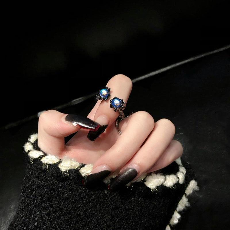 White Moonlight Gun Black Metal Moonstone Couple Rings Niche Couple Ring Ins Trendy Light Luxury Decoration Index Finger Ring