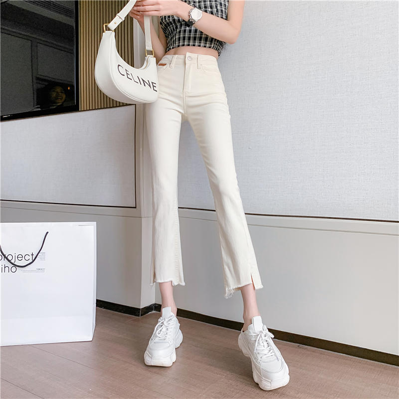   Bootcut Trousers White Jeans Women's Summer Small Cropped Thin High Waist Slimming Slit Wide eg Ankle-ength Bell-Bottoms