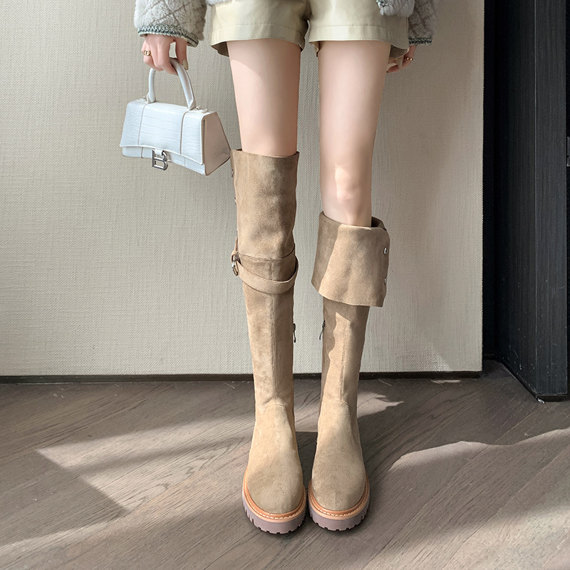 亚马逊外贸秋冬新款过膝长靴女高筒长靴秋新款纯色绒面圆头粗中跟