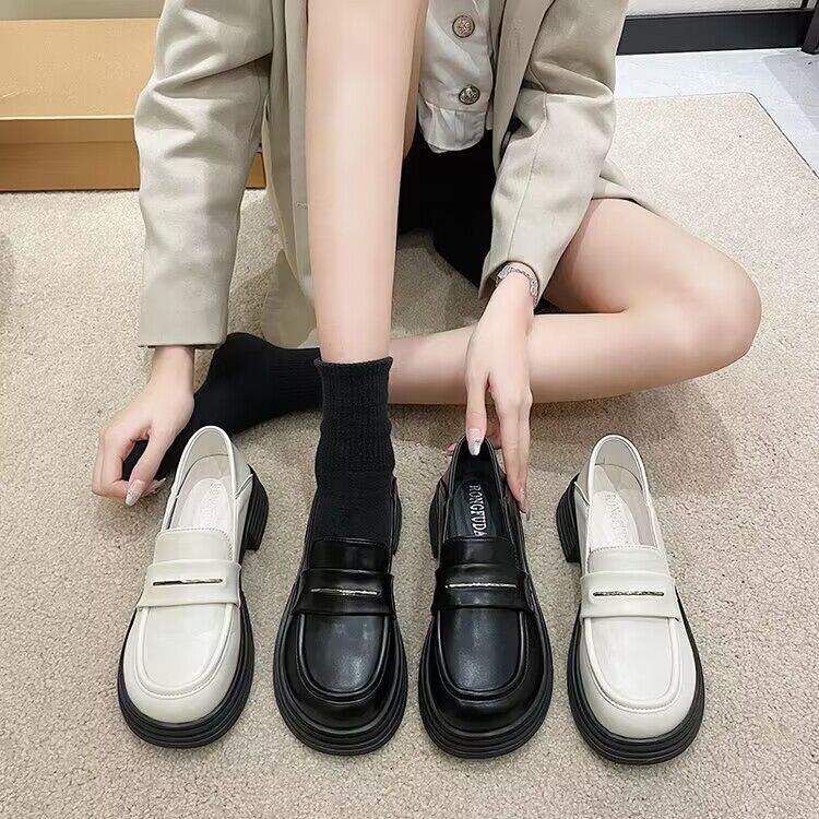 brown japanese loafers new thick-soled british style small leather shoes casual shallow mouth pumps women‘s spring， summer， autumn and winter