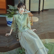 新中式春夏禅意茶服女旗袍两件套改良文艺中国风显瘦民国风小洋装