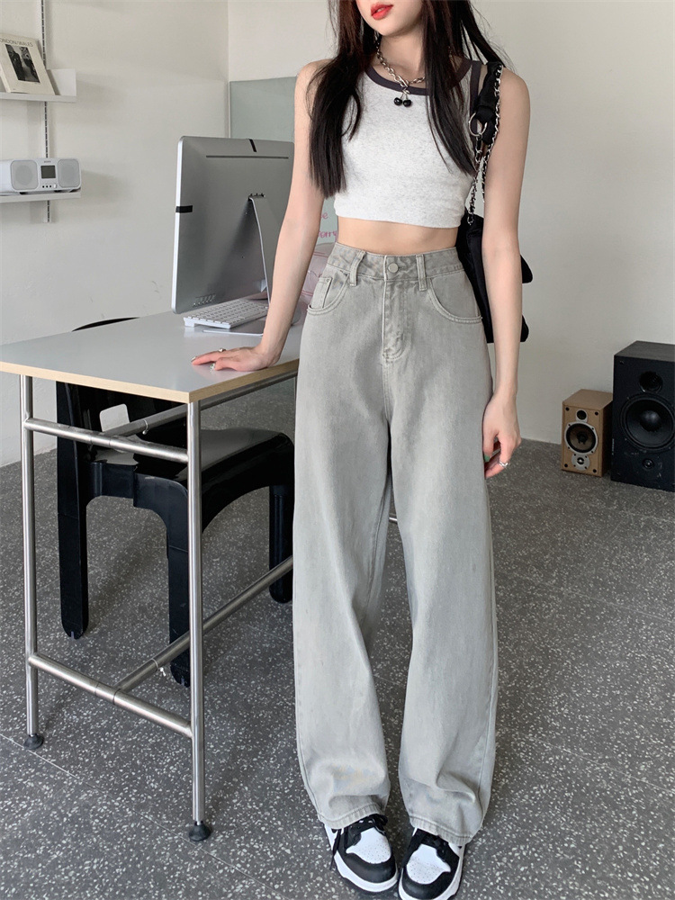 港味高街复古ins牛仔裤女宽松高腰阔腿裤夏季直筒拖地灰绿色裤子