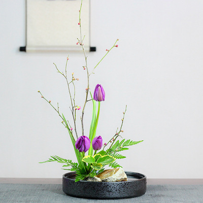 圆盘陶瓷水盘插花花器复古禅意中式日式插花器皿小原流剑山插花盆