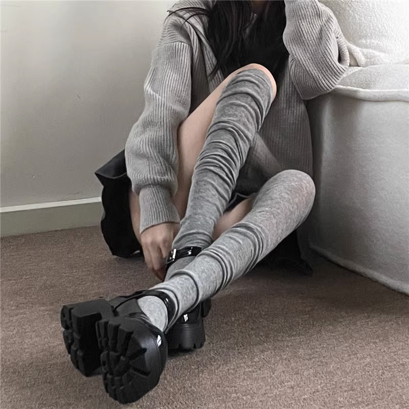 Pleated Bandage Dress Stockings Thin Solid Color Pure Desire Sweet Stitching over the Knee High Tube Hold-Ups Women's Slimming Bunching Socks