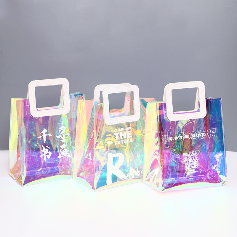 Internet Celebrity Colorful Hand-Holding Gift Bag Laser Design Custom New Year New Year Gift Bag Transparent PVC Hand Bag