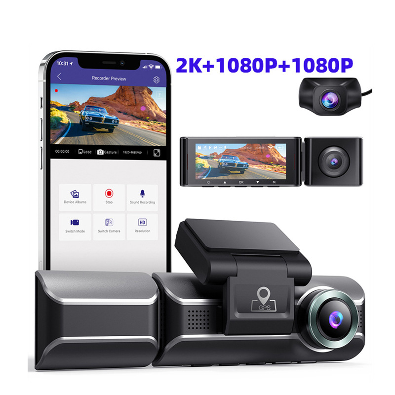 跨境行车记录仪三镜头记录仪4K+1080P+1440P内置WIFI GPS车轨迹
