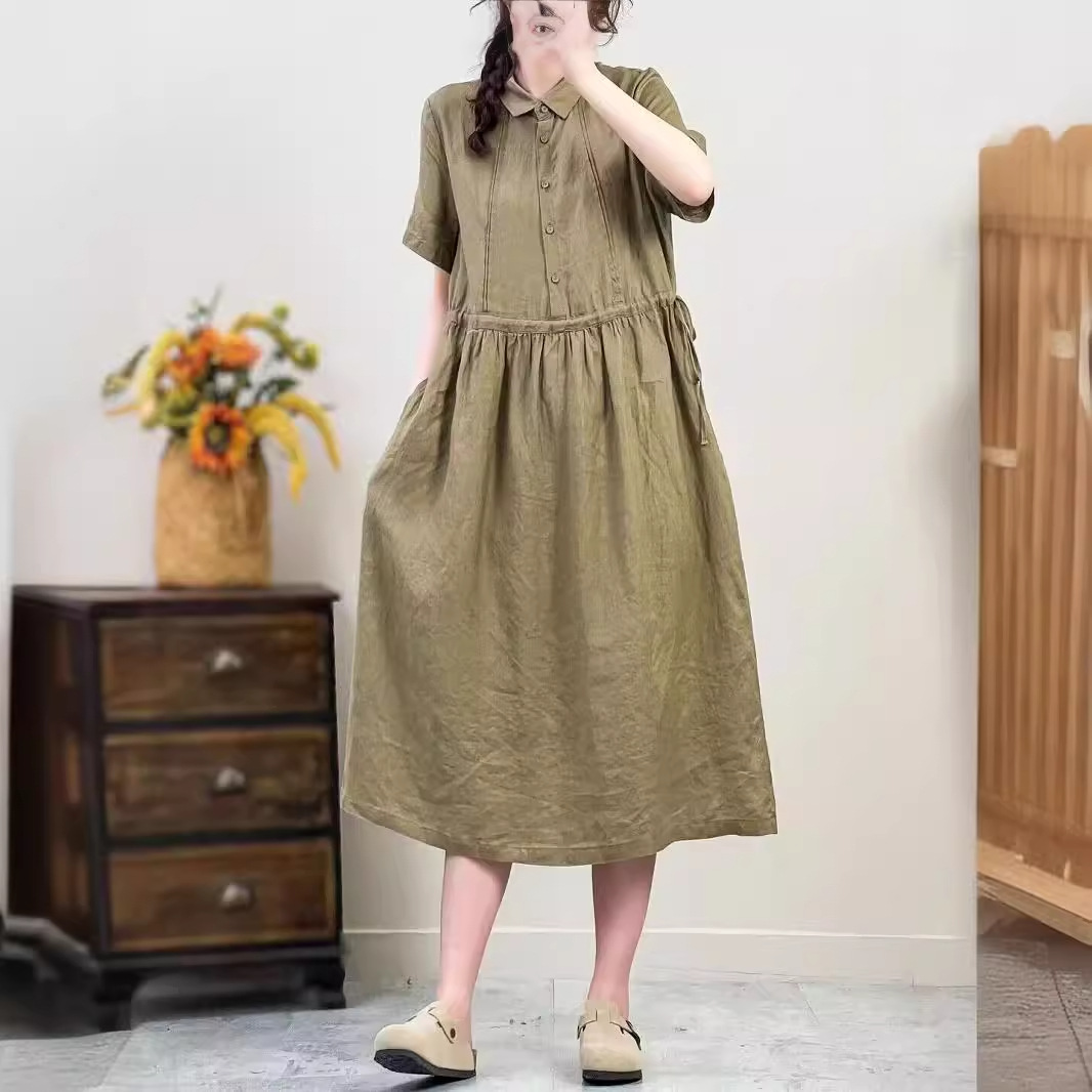 亚麻连衣裙高品质女装夏2024复古文艺收腰韩版宽松显瘦短袖a字裙