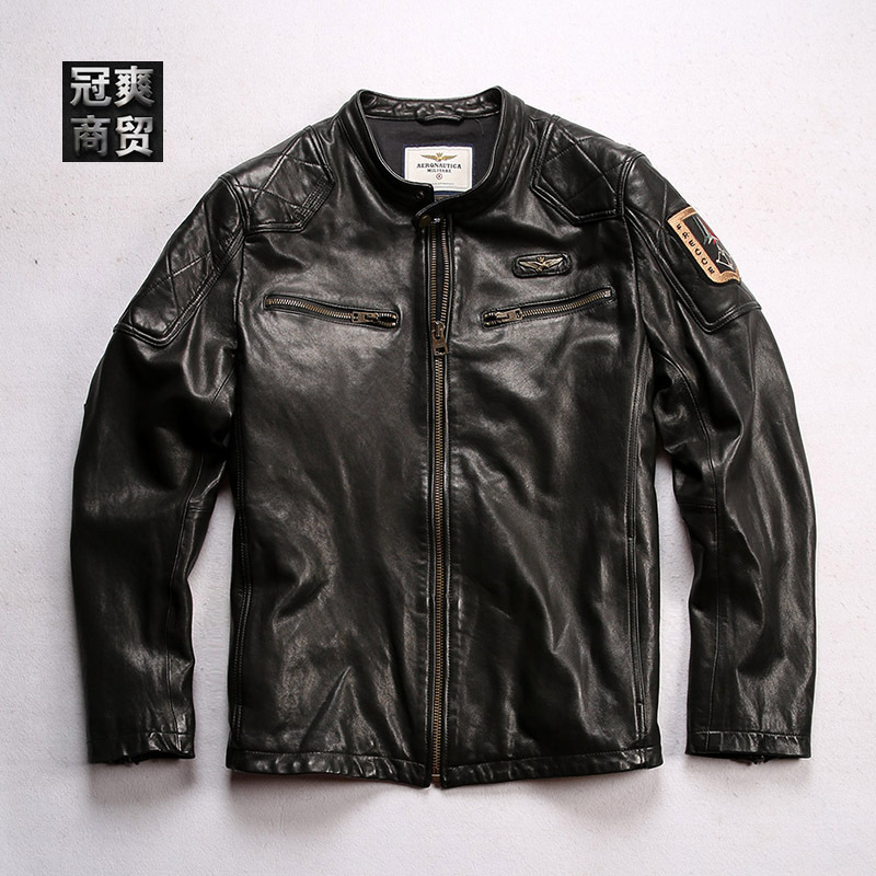 无涂水染植鞣绵羊皮皮衣男意大利三箭立领休闲摩托机车真皮夹克