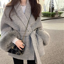 冬季新品高端双面羊毛大衣女袖口可拆狐狸毛气质双面羊绒外套