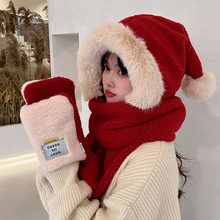 红色围巾女巫帽子一体秋冬季圣诞法毛绒围脖手套三件套加厚