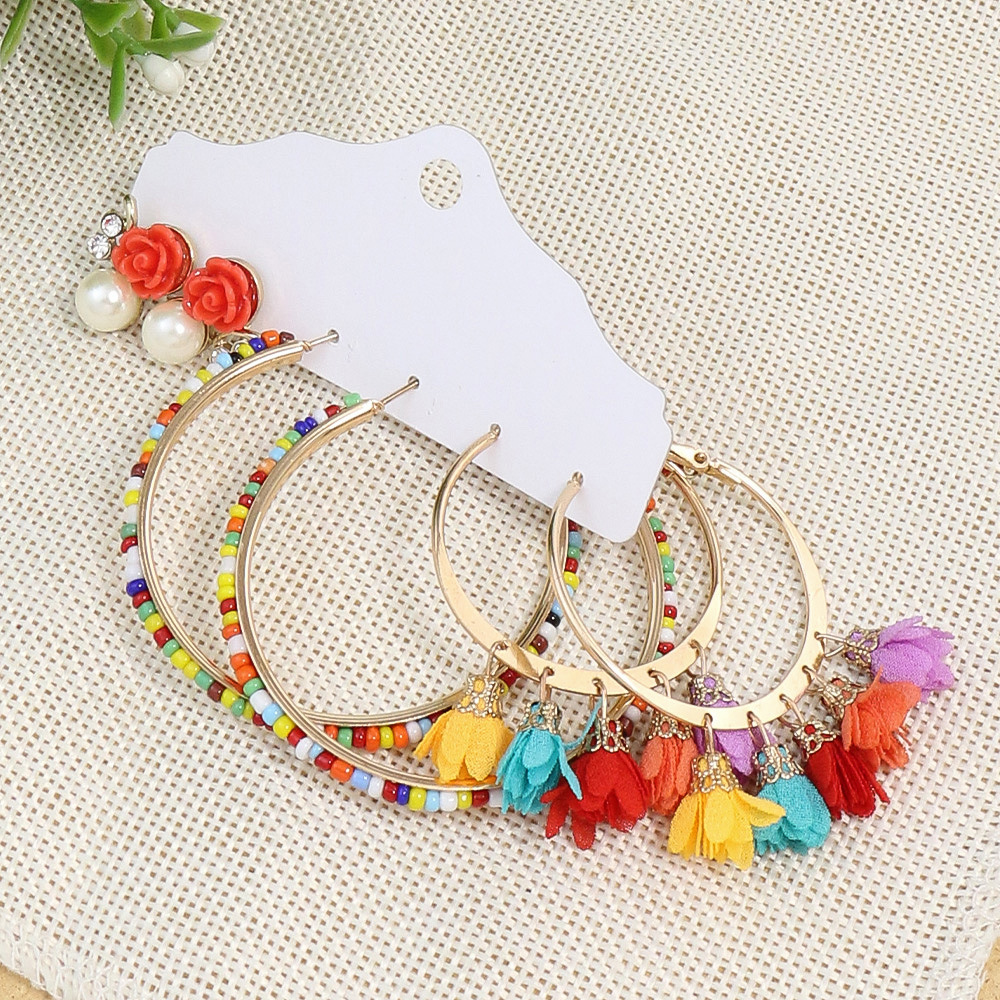 New Bohemian Earrings Ethnic Style Vintage Ear Jewelry Three-Piece Tassel Earrings Flower Vacation Style Earrings