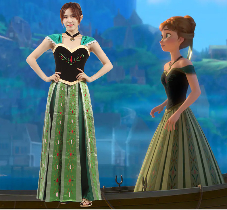 安娜公主裙子项链冰雪奇缘假发加冕宫廷大人成年礼服装