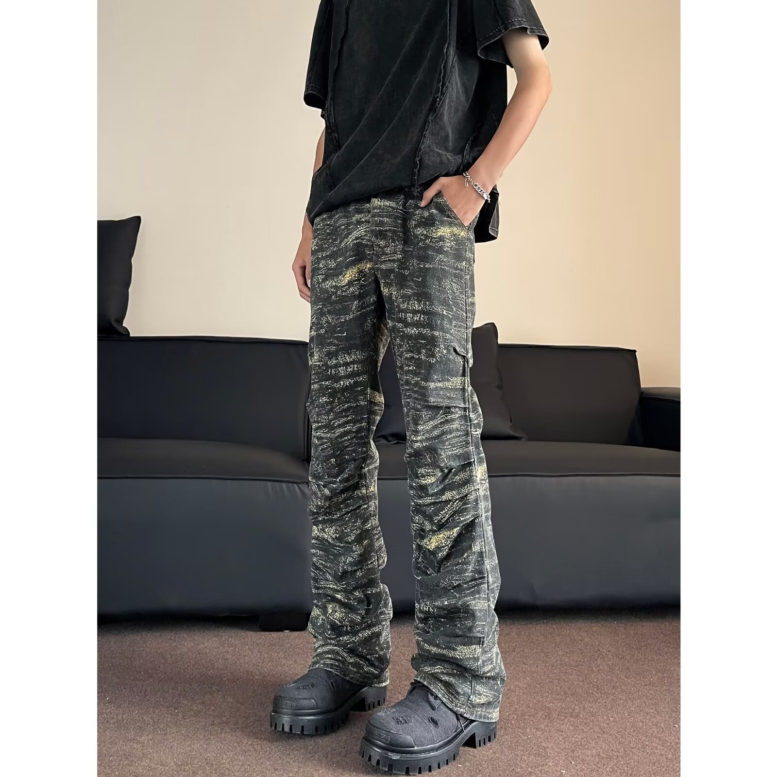美式高街vibe褶皱感迷彩牛仔裤男嘻哈工装直筒微喇宽松显瘦长裤子