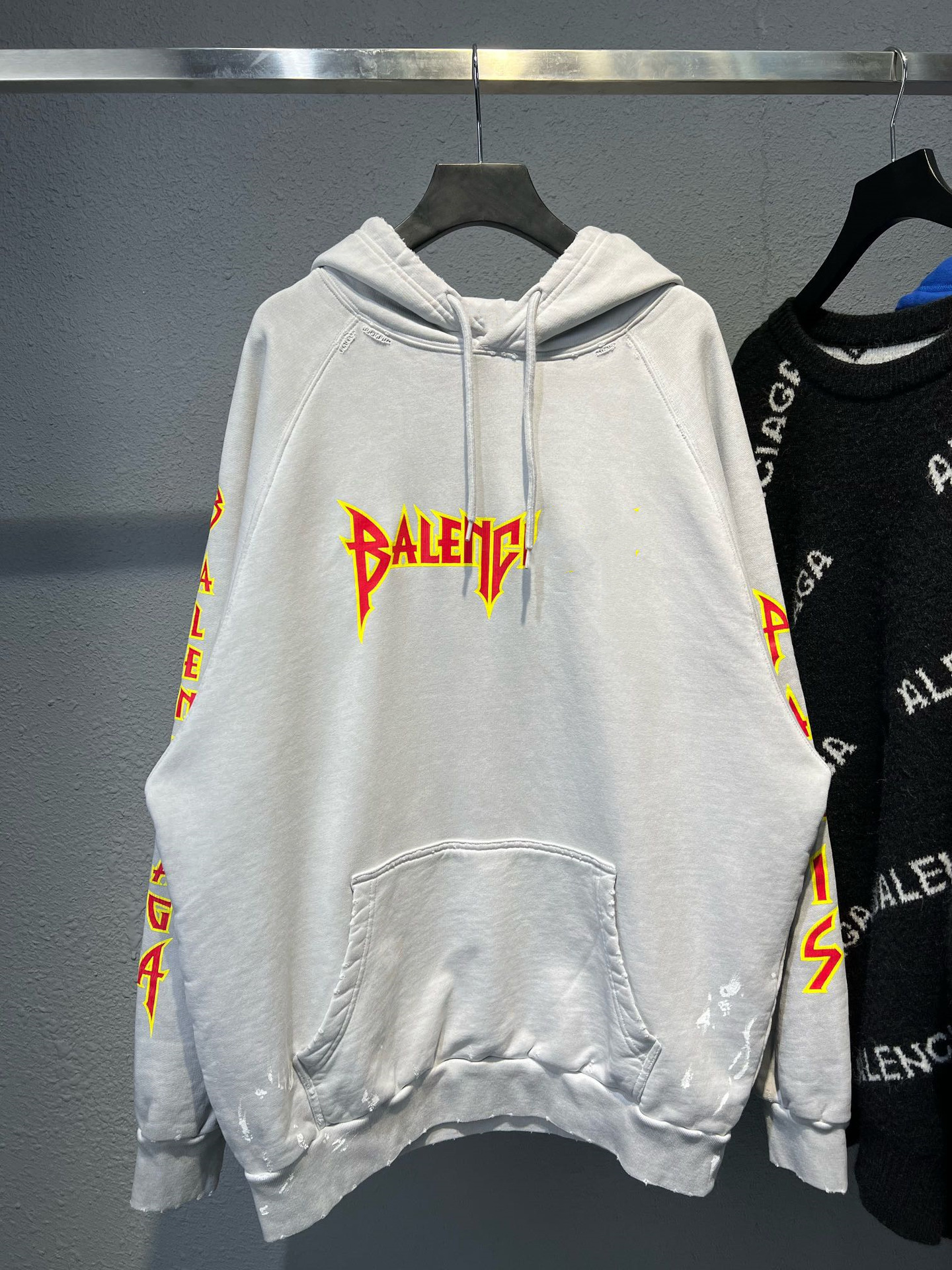 欧洲站b家洗水巴乐队加绒卫衣闪电字母英文火焰抓绒撕裂印花帽衫