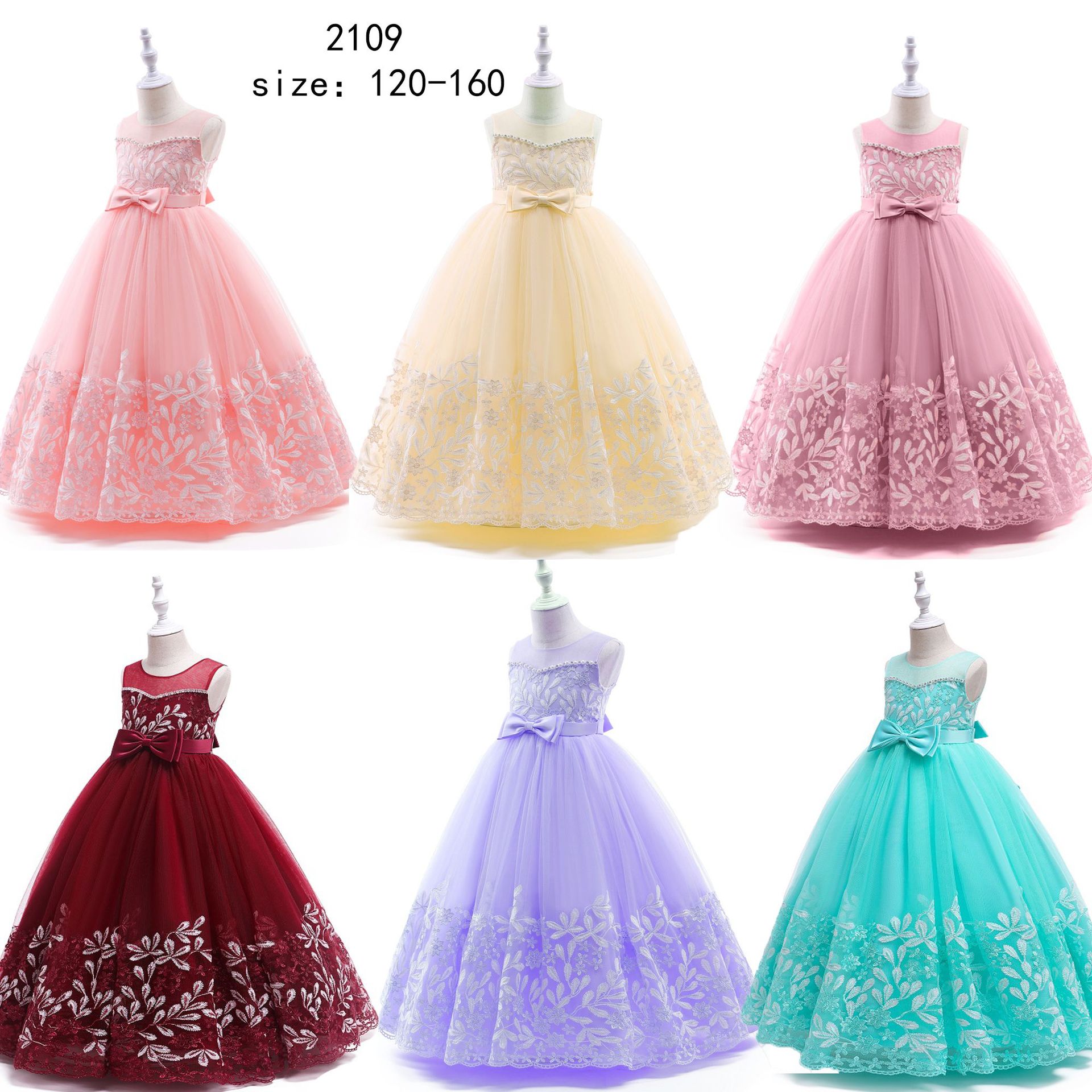 跨境儿童长款公主裙女童走秀晚礼服刺绣钢琴演出服洋气花童礼服