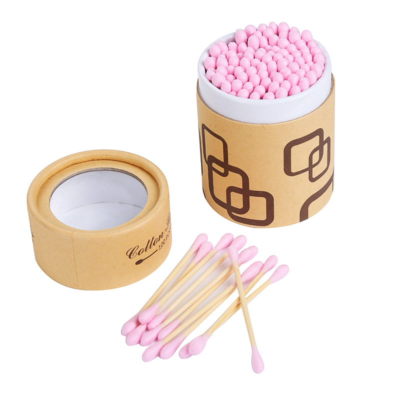 Wooden Boxed Cosmetic Cotton Swabs Double-Headed 100 Pcs Pink Cotton Swabs Ear Picking Cleaning Cotton Swab Factory Wholesale