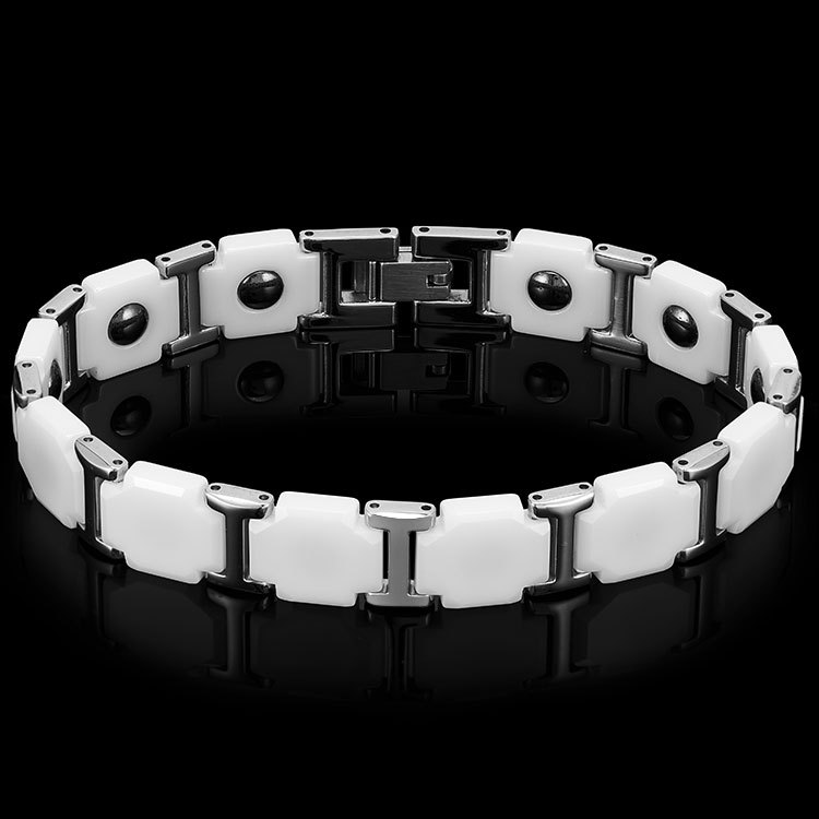 日韩磁石手链 钛钢搭配陶瓷方形黑色赭石情侣手链 亚马逊跨境首饰