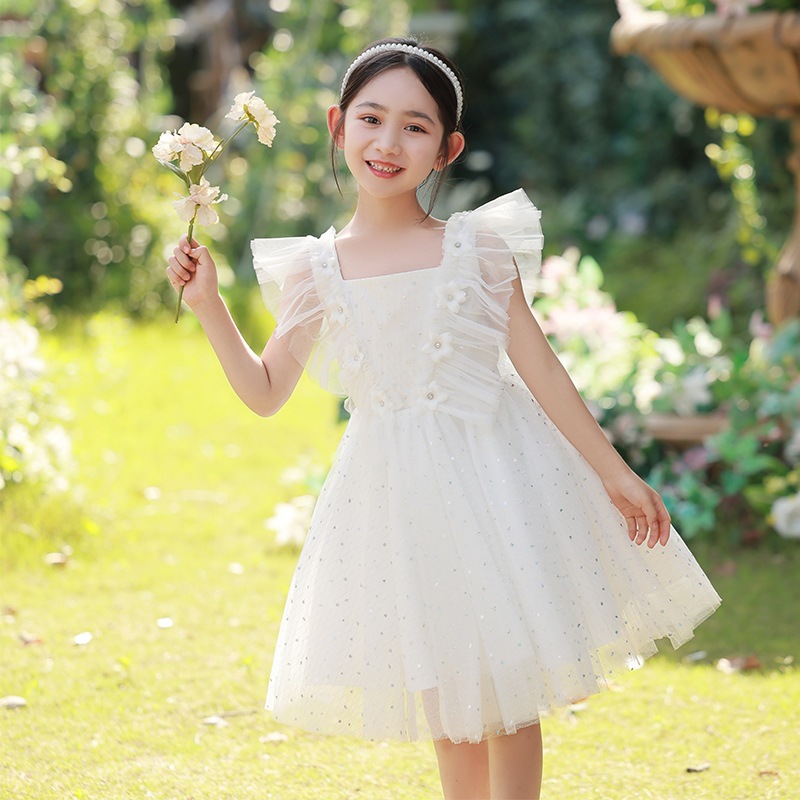 白色儿童礼服生日小女孩花童公主裙夏季薄款白纱裙钢琴演出服2022