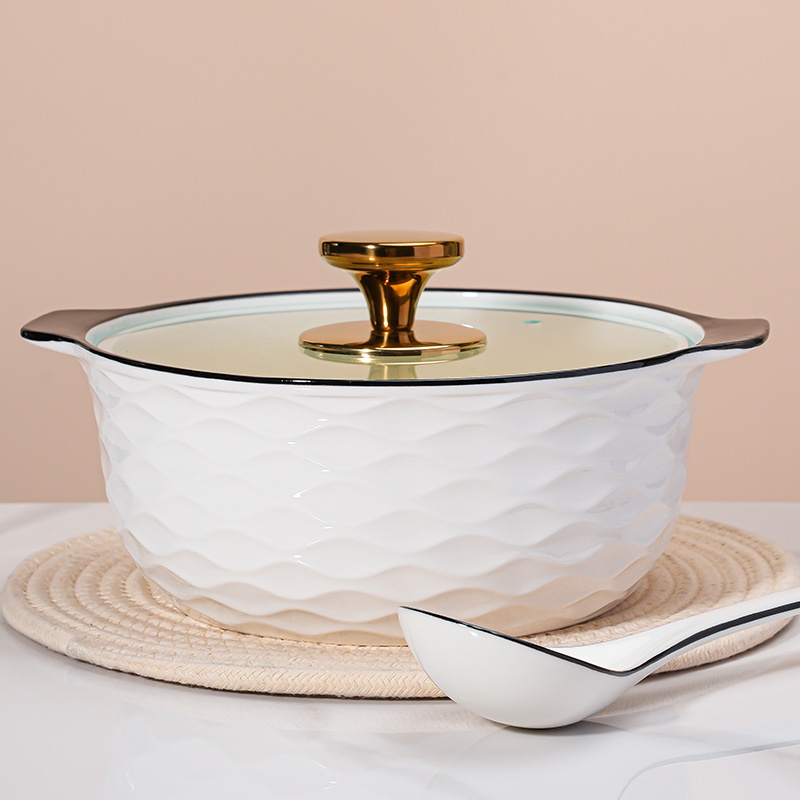 新款家用陶瓷耐高温双耳带盖汤煲大号玻璃盖汤碗大容量可微波炉