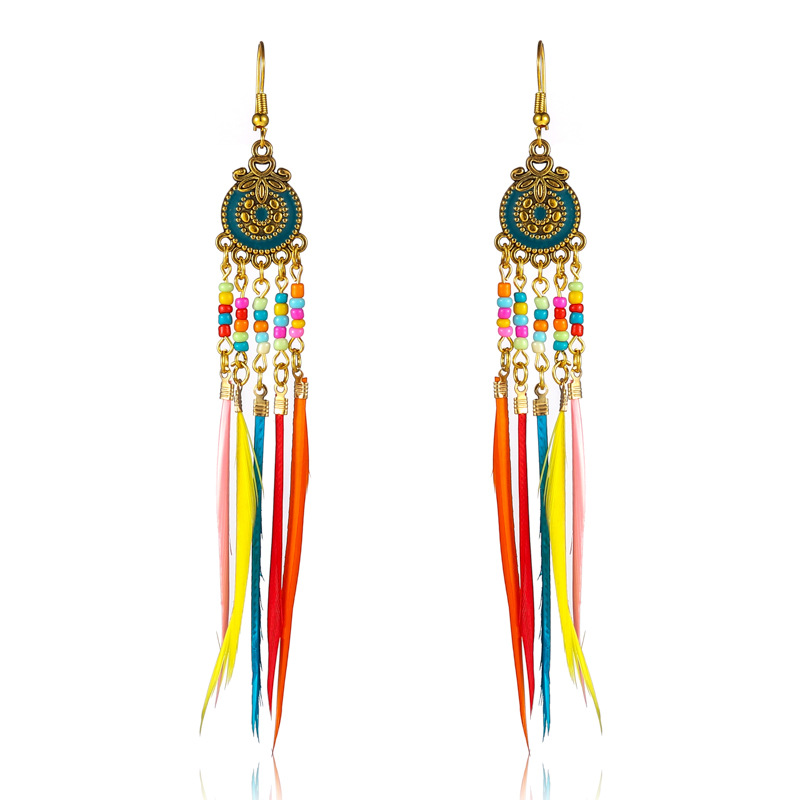 Oil Dripping round Small Colorful Feather Earrings Women's Slimming Long Tassel Earrings Yunnan Colorful Beads Earrings Wholesale