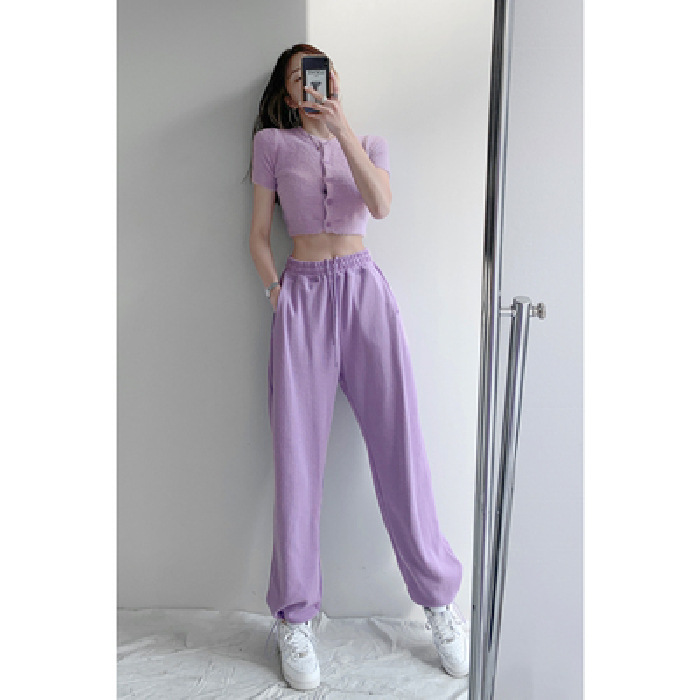 [Knitted Cotton] European and American Style Street Shooting Sports Pants Female Spring and Autumn New Outdoor Loose Drawstring Ankle Banded Pants Sweatpants Fashion