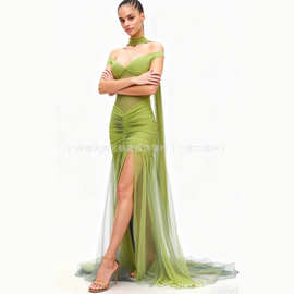 亚马逊跨境欧美性感抹胸露背气质连衣裙网纱开叉连衣裙Dress新款