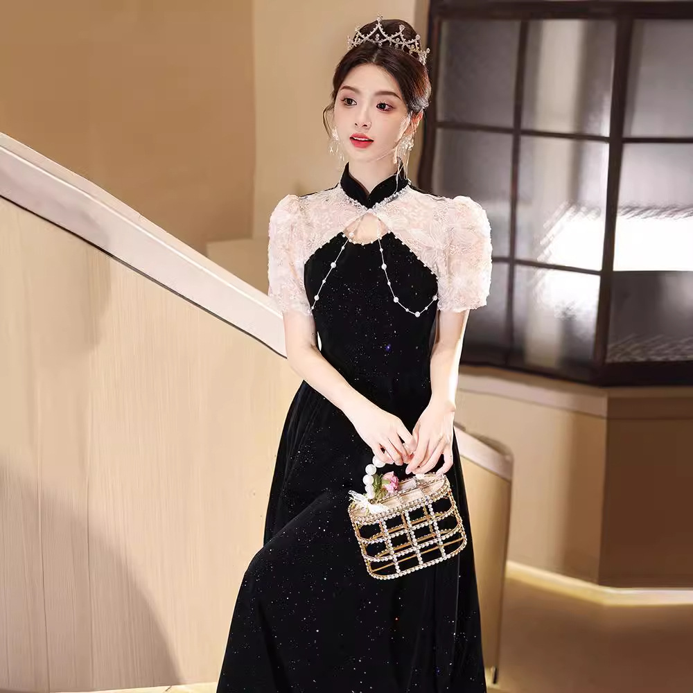 黑色旗袍晚礼服女2024新款新中式成人礼宴会轻奢小众主持人礼服裙