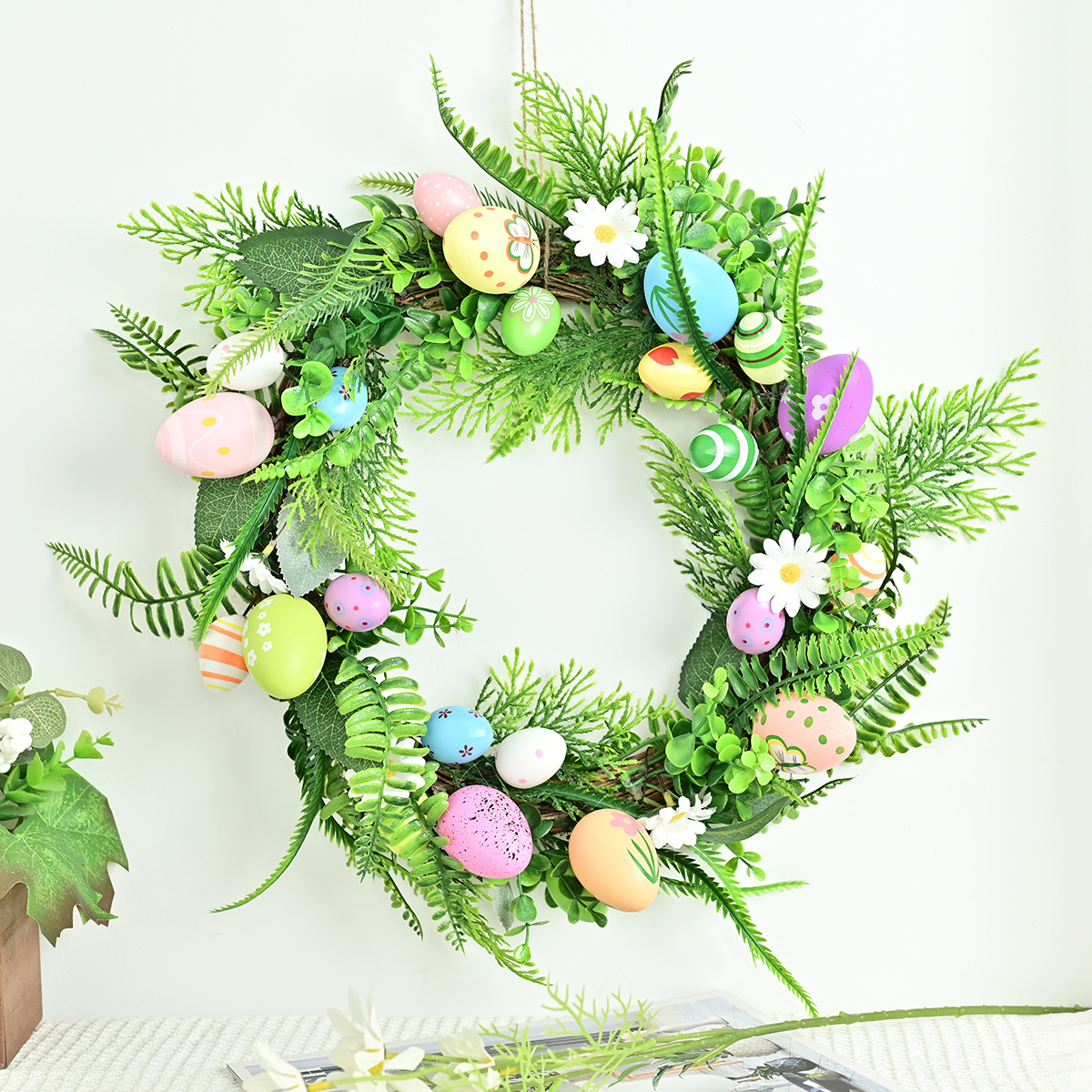 cross-border easter garland artificial water grass rattan ring garland door hanging decoration easter decorations colorful easter egg