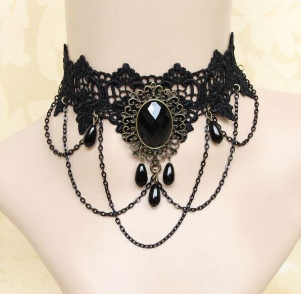 Hot Selling Popular Retro Court Gothic Personality Characteristic Multi-Layer Crystal Lace Necklace Choker Clavicle Chain