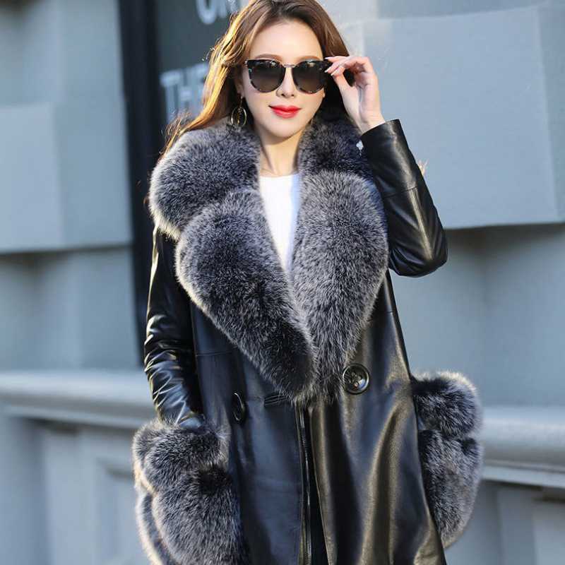 2020新款海宁皮衣女皮中长款大衣外套加棉加绒大狐狸毛领皮风衣