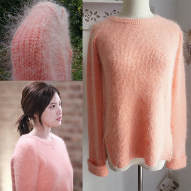 冬明星韩剧继承者们全贤珠同款甜美橘粉色貂绒开叉纯色毛衣-阿里巴巴