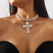 欧美跨境轻奢个性项链 创意气质十字镶钻吊坠设计锁骨链女