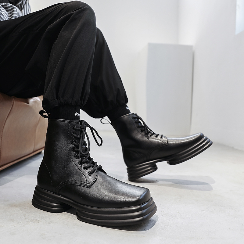秋季新款高帮鞋男鞋黑色短靴系带马丁靴休闲工作靴批