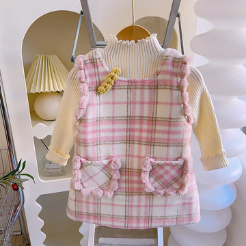 女童小香风夹棉背心裙冬季新款洋气甜美儿童加厚呢背心裙-阿里巴巴