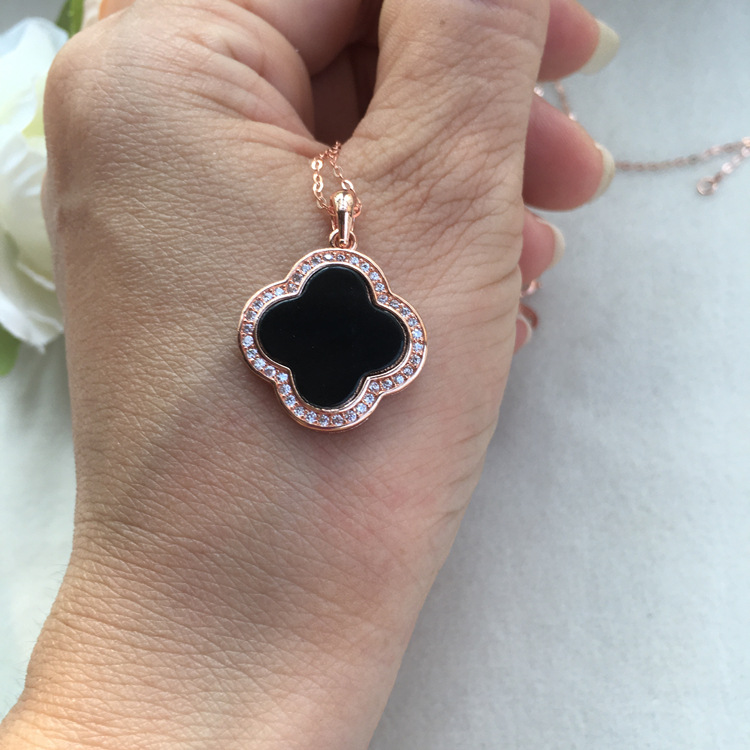 925银镶嵌缅甸天然a货翡翠墨翠墨绿四叶草玉石吊坠配银链女款百搭