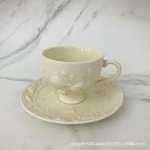 厂家直销欧式浪漫浮雕重工立体玫瑰花下午茶米黄色陶瓷咖啡杯碟子