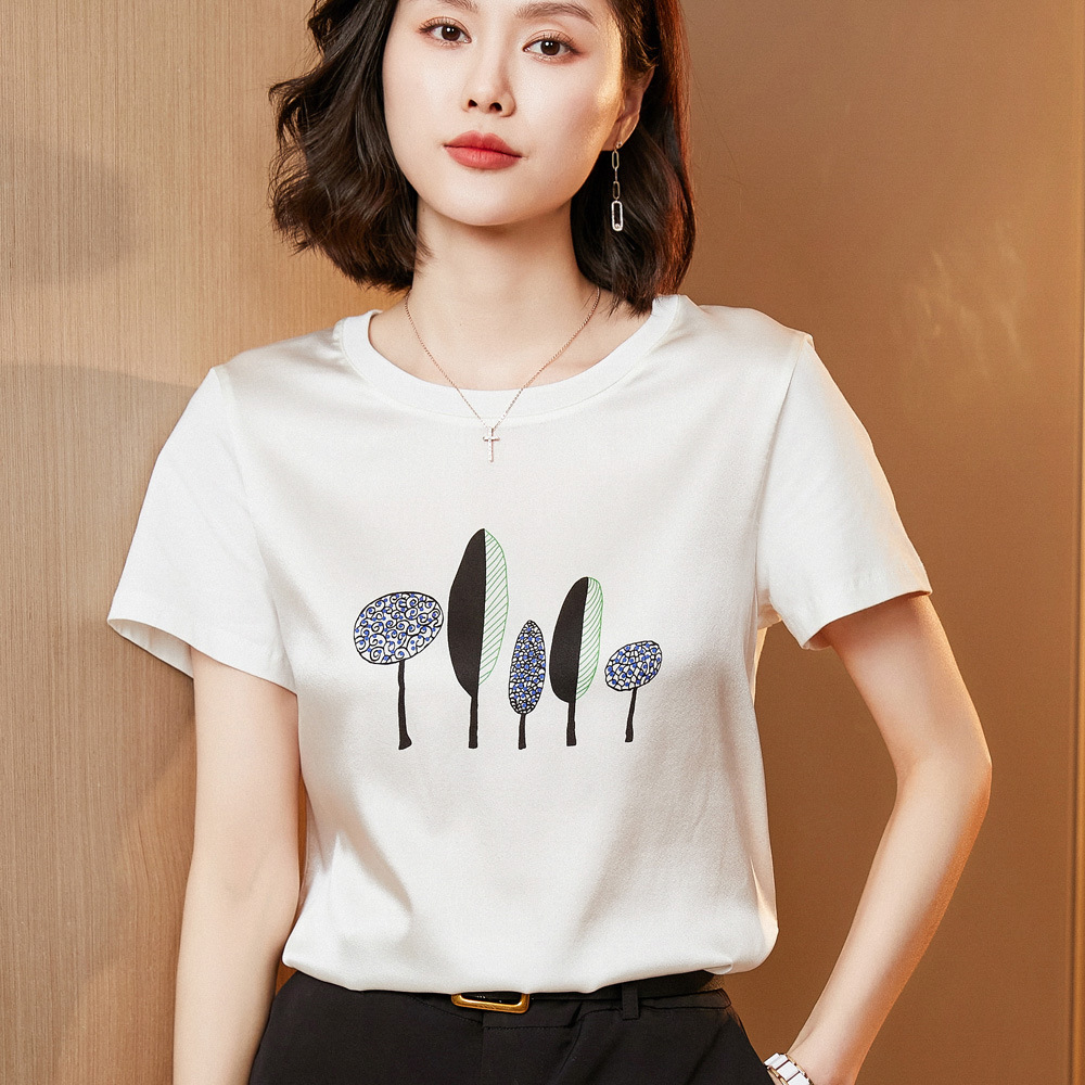 t恤女圆领2022年新款夏仿真丝印花拼接丝光棉上衣白色桑蚕丝短袖